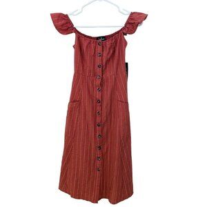 LULUS Size Small Midi Linen Blend Sundress Button Front with Pockets Striped NWT